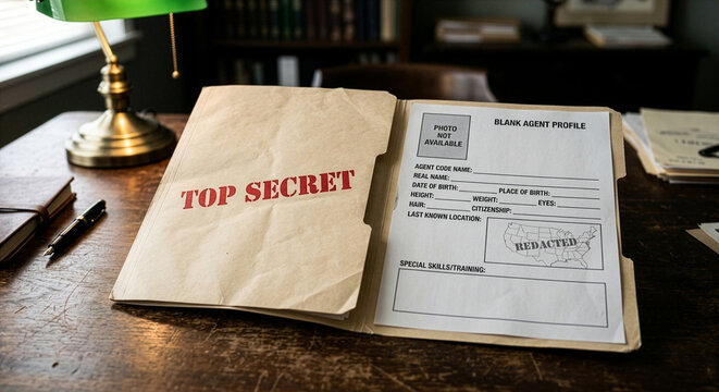 Open Top Secret Dossier With Blank Agent Profile On Wooden Desk