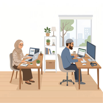 Illustration of a man and woman working on laptops at desks in a modern office with a city view and plants.