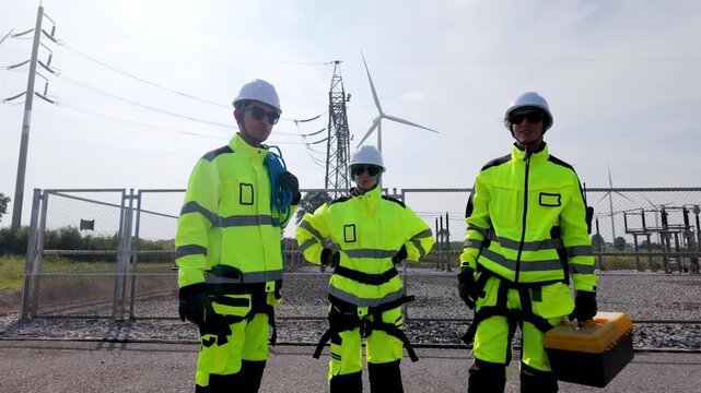 Electricians in high-visibility gear working near power lines and wind turbines