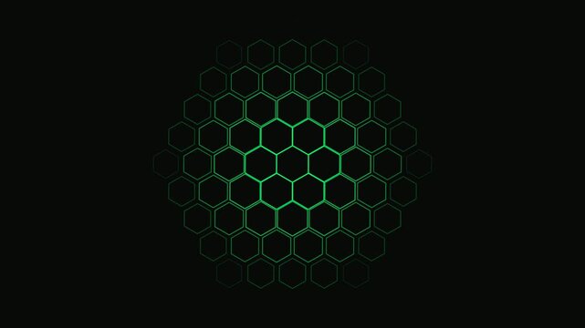 This abstract motion background features a symmetrical animation of glowing green hexagonal patterns expanding and contracting on a dark backdrop.