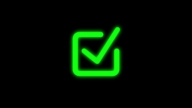 Green neon check mark animation in square. Green neon check mark success and approval symbol. Green neon check mark digital checkbox and task completion indicator.