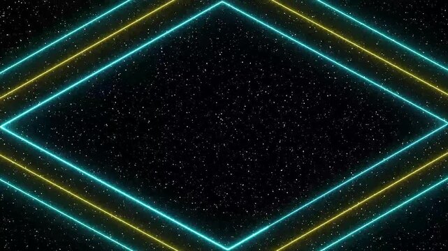 Neon diamond frame on starry sky background. Neon diamond frame futuristic digital border. Neon diamond frame abstract cosmic technology background animation.
