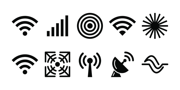 Wireless communication icon set representing wifi, cellular signal, radio waves, antenna, satellite dish, and connectivity symbols