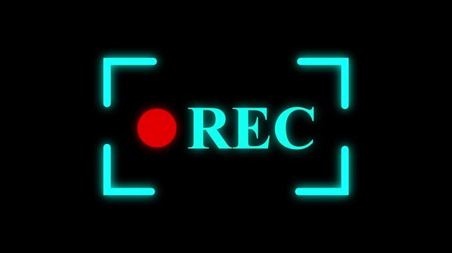 Recording indicator animation with red dot. Recording indicator with cyan neon frame. Recording indicator digital camera interface and video status on black.