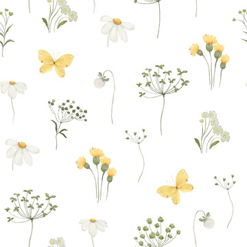Watercolor floral seamless pattern with delicate wildflowers, green plants and yellow flying butterflies. Colored hand-drawn illustration perfect for cute summer textile, wallpapers or background.