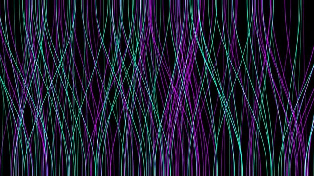 An abstract motion background features swirling, interwoven neon lines in purple and teal on a black backdrop. The animation offers a dynamic, rhythmic visual flow.