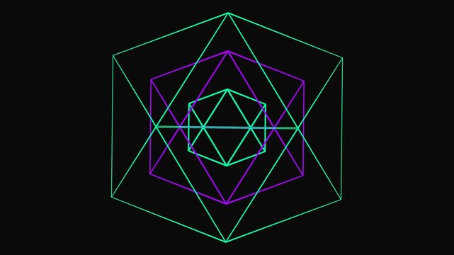 Abstract geometric animation featuring layered wireframe polygons rotating and expanding on a dark background.