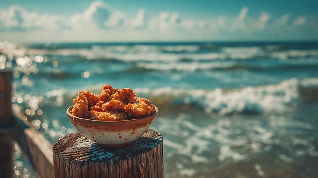 Crispy golden fried chicken bites served in a rustic ceramic bowl resting on a weathered wooden post with a blurred turquoise ocean background and crashing waves under a bright sunny sky