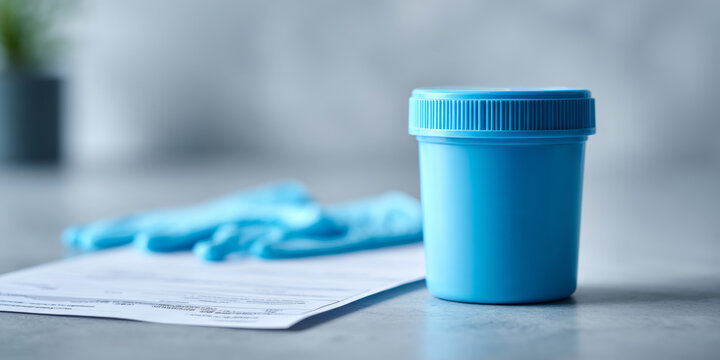 Blue specimen container with gloves and form
