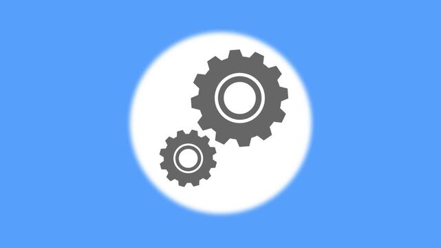 Interlocking gear icon animation on white circle. Gear icon technical industrial process. Gear icon digital technology graphic on blue background for management.