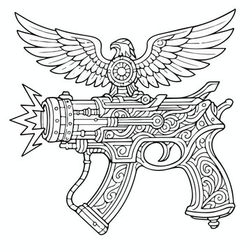 Ornate line art illustration of a detailed futuristic space blaster pistol topped with a majestic eagle with spread wings
