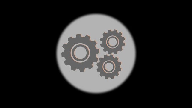 Interconnected gear icon animation in white circle. Gear icon technical industrial process. Gear icon digital technology graphic on black for management systems.
