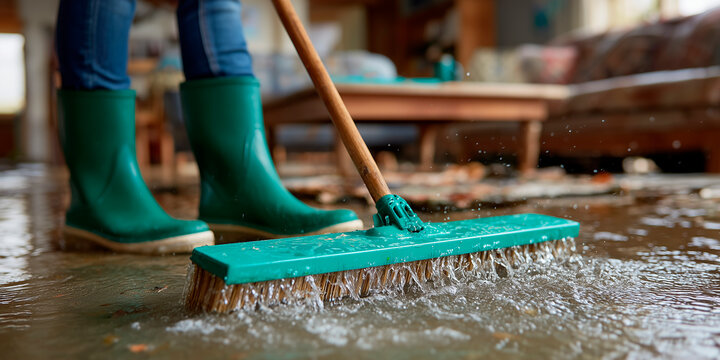 Cleaning floodwater from home interior with squeegee after storm