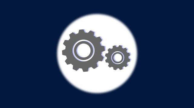 Interlocking gear icon animation on white circle. Gear icon technical industrial process. Gear icon digital technology graphic on navy background for management.