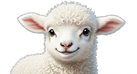 Fototapeta premium A close-up portrait of a fluffy white lamb with soft curly wool, pink ears, and large dark eyes, isolated against a solid black background