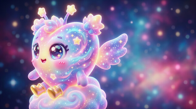 Cute glowing fantasy creature with wings and stars floating in colorful nebula space background