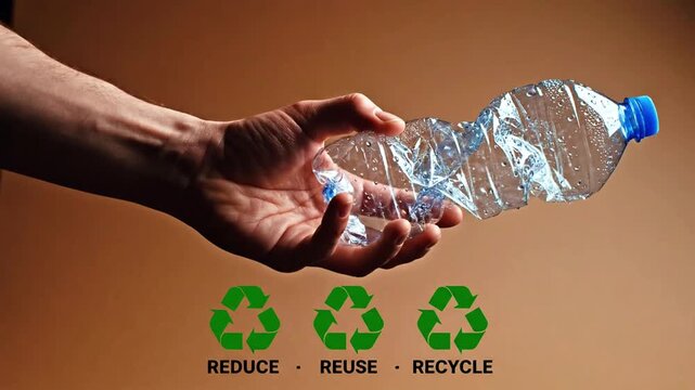 Hand holding a plastic water bottle with recycling symbols.