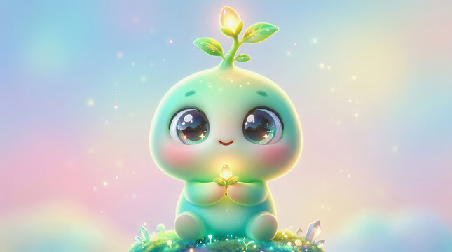 Cute glowing green alien creature with large eyes and sprout on head sitting on grassy mound under pastel sky with sparkles