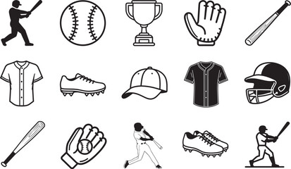 Naklejka premium A comprehensive collection of baseball elements, icons, and silhouettes. A high-angle monochrome shot showcases baseball gear, accessories, and player illustrations. 