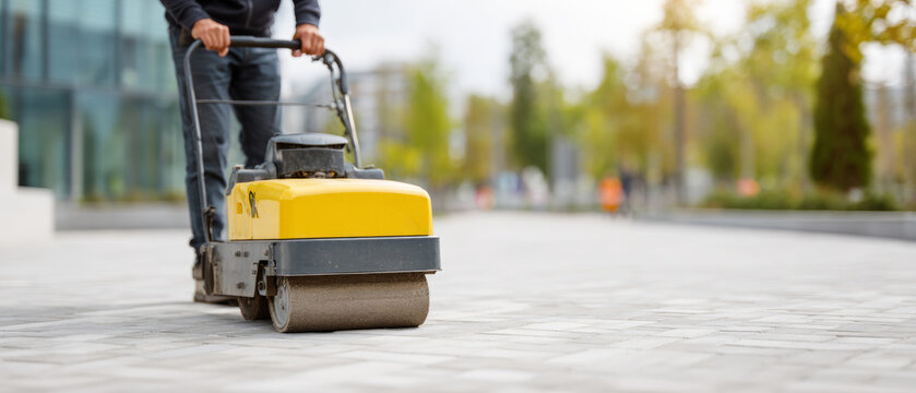 Worker Operating Vibratory Plate Compactor Outdoors
