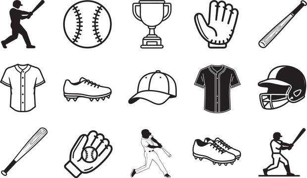 A comprehensive collection of baseball elements, icons, and silhouettes. A high-angle monochrome shot showcases baseball gear, accessories, and player illustrations. 