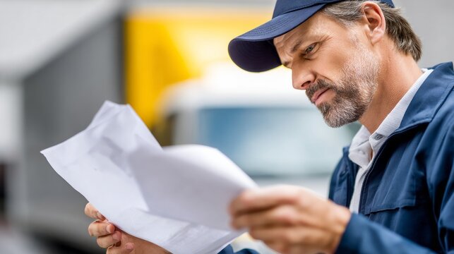Professional delivery man wearing uniform and cap, carefully reviewing shipping documents and invoices against a blurred truck background