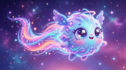 Fototapeta premium Cute glowing jellyfish with wings swims through colorful starry space background