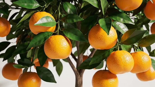 Potted orange tree with ripe citrus fruits and green leaves on a white background zooming in.