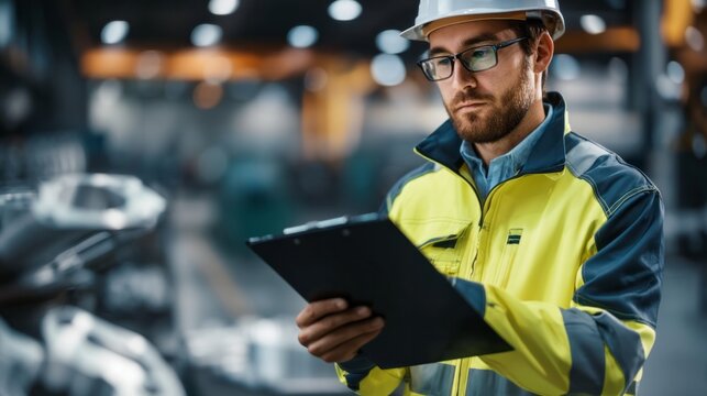 Professional engineer wearing safety hard hat and reflecting on data from a clipboard in a bustling factory environment
