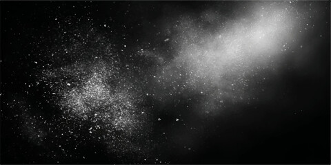 An abstract black and white background featuring a dark cosmic nebula with bright stars and swirling dust clouds across a vast night sky universe © MDNUR