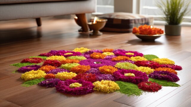 Colorful flower petal and powder rangoli adorns a wooden floor, creating a vibrant traditional decoration for festive occasions