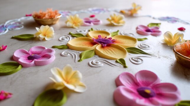Vibrant rangoli art display featuring colorful flower patterns and scattered floral elements on a light surface