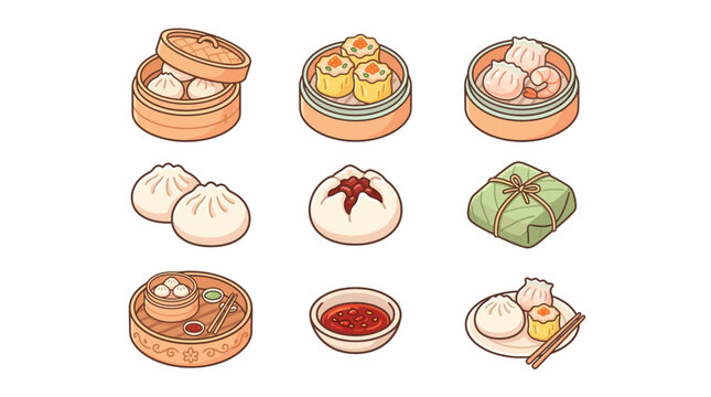 A collection of nine delicious and diverse Asian dim sum dishes, presented in a visually appealing grid layout.