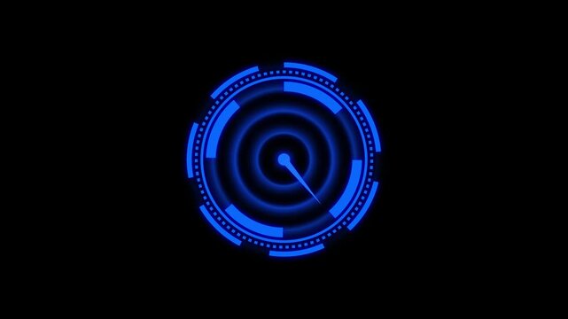 Digital gauge animation with blue needle. Digital gauge performance indicator display. Digital gauge technology interface graphic on black background.
