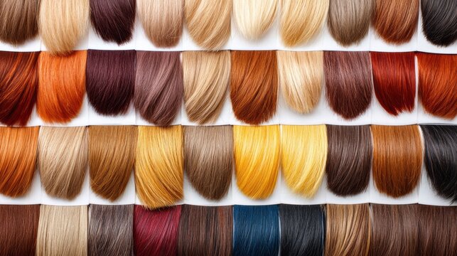 Hair color swatches showing a wide range of shades and textures, ideal for choosing different hair dye options