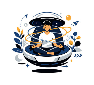 Floating Meditation Pods. Floating Meditation Pods. Person sitting in futuristic floating meditation pod,