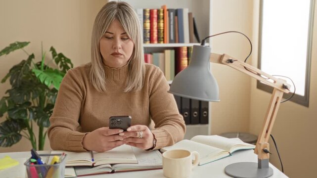 Woman hands holding smartphone over open books, smiling while studying at desk in studio; concentration focus.