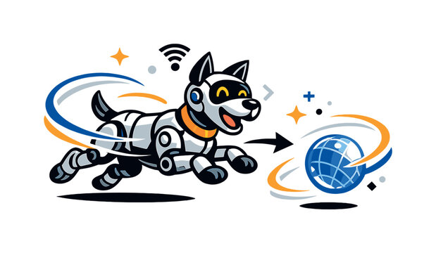 Digital dogs. A playful robot dog chasing a holographic ball through a bright modern park.