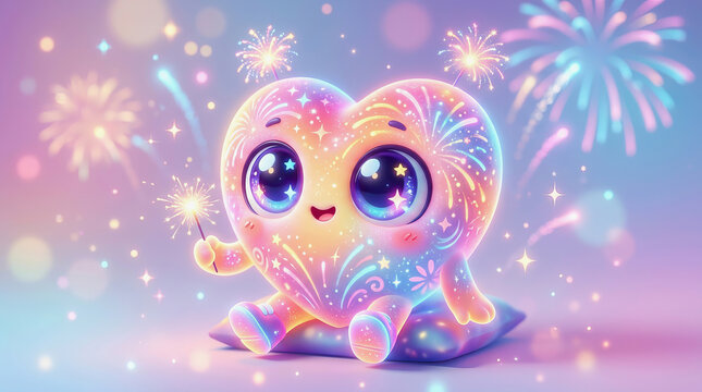 Cute heart shaped character with fireworks and sparkles in a magical dreamy background