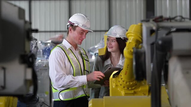 Engineers collaborating on industrial robot technology in a modern factory setting