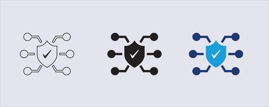A cybersecurity icon, network security, or data protection, a checkmark signifies protection, safety, and verified security. a connected network, devices, computer technology. antivirus software.