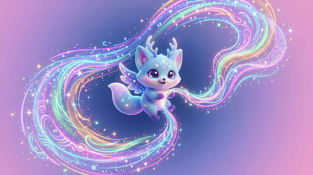 Cute magical blue fox creature with glowing rainbow swirls and sparkles floating in a dreamy purple gradient background.