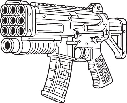Detailed black and white coloring page showing a futuristic tactical blaster rifle with multiple barrels for a fun creative project