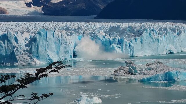 Perito Moreno Glacier in Los Glaciares National Park, Argentina, as huge pale-blue ice chunks break away in a dramatic calving event and thunder into Lago Argentino