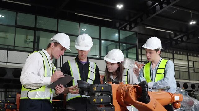 Engineers collaborate on robotic arm inspection in modern industrial factory setting