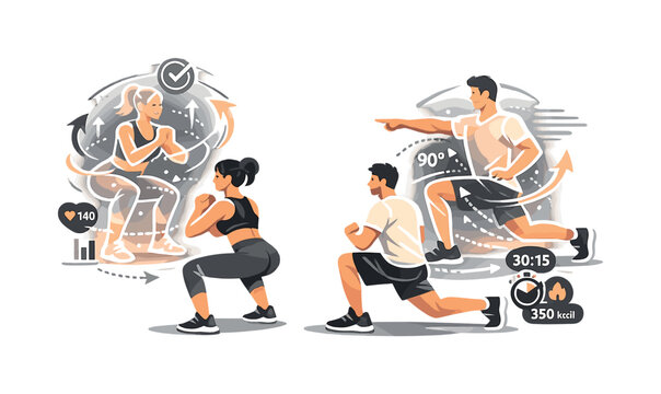 Holographic Fitness Training. Holographic trainers. Virtual coaches guiding people midair, holograms