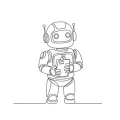 Fototapeta premium Cute robot holding a tablet, continuous line drawing, white background