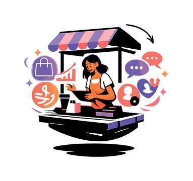 Floating Entrepreneur Hub. Floating Micro-Entrepreneur Hub. Person operating a floating stall with glowing