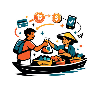Floating Market Exchange. Hyperlocal Micro-Economies. Person exchanging goods at a floating market stall,