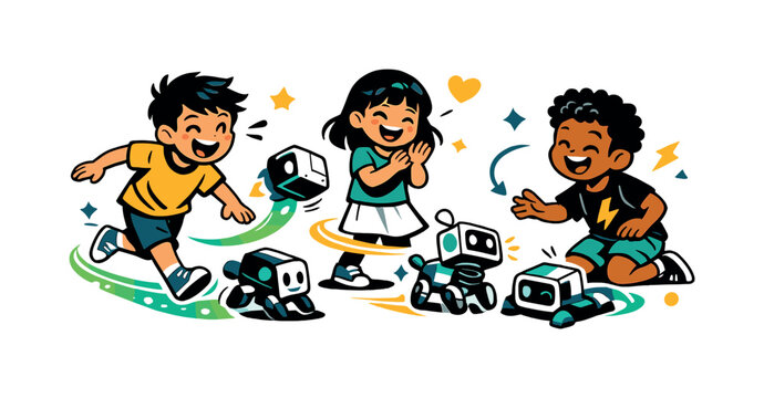 Playtime with robots. Children laughing as cube-shaped AI pets roll, bounce, and morph into